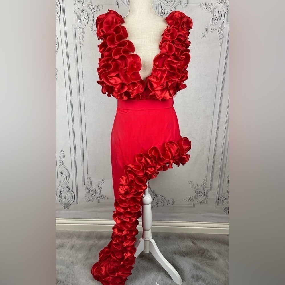 Ruby Red Luxury One Piece Swimsuit Set & Skirt Evening Gown Set - Picture 2 of 12